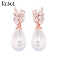 RAKOL EP2439 Perla brillante con pendientes de circonita cúbica en forma de hoja Tachuelas populares Joyería hipoalergénica