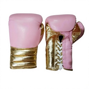 <b>Pink</b> and Gold PU Boxing Gloves Full Finger Lace-Up Wrist Closure Unisex Martial Arts Gear - Product Image 1