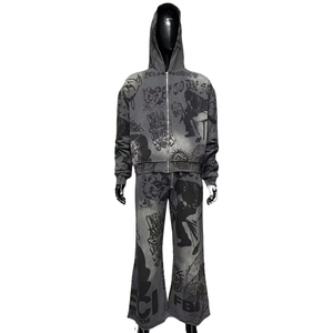 Conjunto Deportivo Personalizado con Lavado Ácido y Efecto Desgastado para Hombre, Sudadera con Capucha y Cremallera con Estampado DTG y Pantalones Deportivos de Pierna Recta y Acampanada - Product Image 1