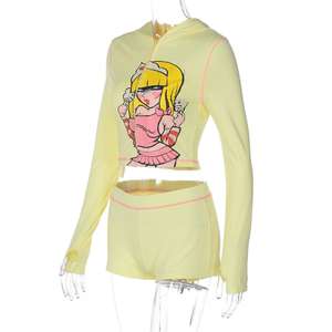 Conjunto de 2 Piezas de Chaqueta con Capucha y Pantalones para Mujer, Conjunto Casual de Dos Piezas, Conjunto de Sudadera con Capucha y Pantalones Cortos con Estampado de Dibujos Animados para Mujer, Ropa de Otoño - Product Image 4