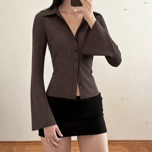 Camisa de Mujer con Botones y Rayas de Bloques de Color, Blusa de Manga Larga Estilo Vintage Y2K, Top para Mujer - Product Image 2