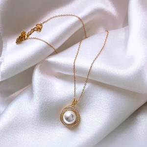 Pearl Necklace AAA Grade Gold Chain Circle Pendant Bezel Setting Gift for Women - Product Image 1