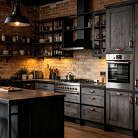 Meuble de cuisine vintage rustique en bois noir avec panneaux encadrés et étagères métalliques ouvertes – Ensemble complet – Fabricant de meubles