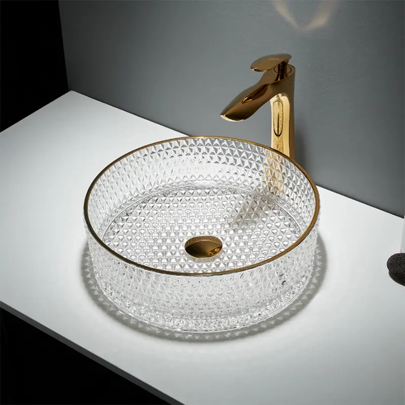 New Arrival Bathroom Diamond Design Modern Crystal Basin Wash Glass Sink