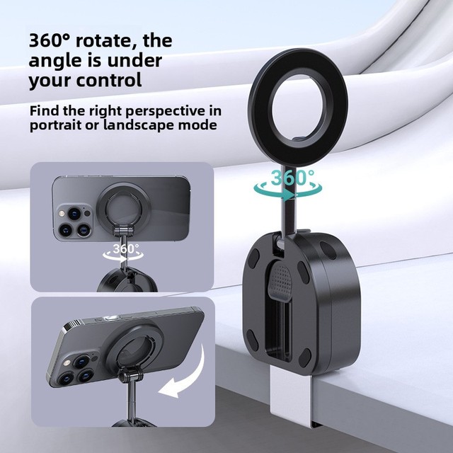 Portable Foldable Magnetic Phone Holder for Travel, MagSafe-Compatible, 720° Rotation, Black ABS