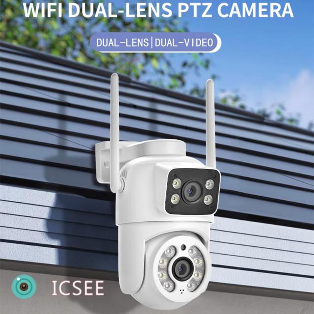 Camera WiFi ICSEE Dual Lens Outdoor PTZ Security Camera Dual View Display Auto Tracking Color Night Vision Two Way Audio