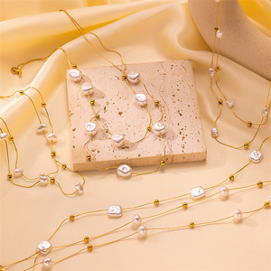 <span class=keywords><strong>Collier</strong></span> élégant en acier inoxydable à <span class=keywords><strong>double</strong></span> couche, imitation baroque, avec plusieurs perles flottantes - Product Image 3
