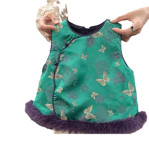 Tongxingyuan Girls Satin Jacquard Vest Thickening Flowers Purple Fur Trim Winter Chinese Style Sleeveless Qipao Coat - Product Image 5