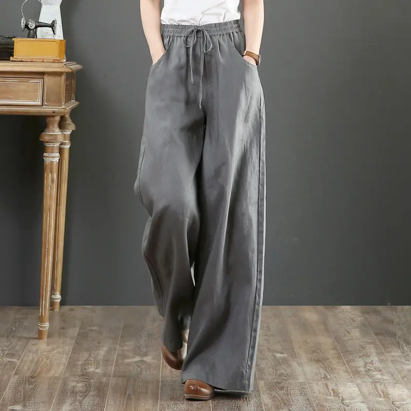 2023 Custom Womens Clothing New Arrival Loose Plus Size Wide Leg Trousers High Waist Drag Floor Straight Cotton And Linen Pants