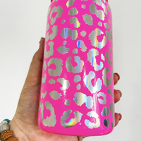 Bouteille en verre 3D laser léopard holographique scintillante de 16 oz avec couvercles, style canette de bière