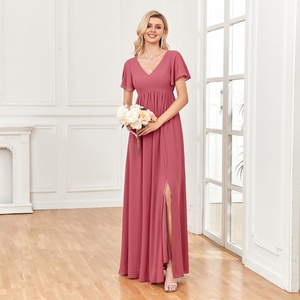 Robe longue en mousseline de haute qualité, coupe trapèze, col en V, élégante, fendue, pour bal de promo, mariage, demoiselle d'honneur, décorée de dentelle - Product Image 1