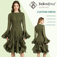 Robe midi élégante verte à volants pour femme, manches longues évasées, boutonnée sur le devant, idéale pour les soirées, cocktails et événements formels - Vente en gros