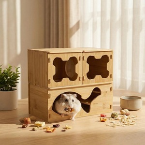 Casa de bambú para hámster, juguete de túnel de doble capa para mascotas pequeñas, forma rectangular duradera - Product Image 1