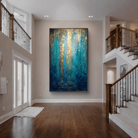 Peinture abstraite verticale surdimensionnée bleu sarcelle avec rayures dorées, art sur toile fluide pour grand hall, villa, hall à haut plafond