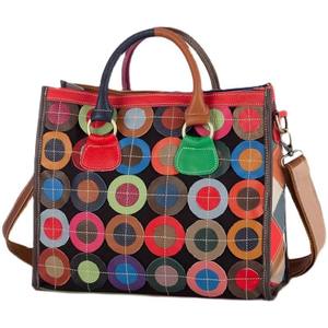 Sac fourre-tout AndoBag pour femmes en cuir de vache véritable + toile, coutures colorées, motif géométrique, sacs à bandoulière, sac à main décontracté 10662 - Product Image 6