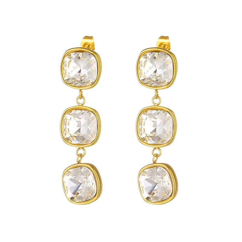 Stainless Steel 18K Gold Plated Waterproof Statement Fashion Jewelry Dnagle Diamond Crystal Three Stone Drop Earrings
