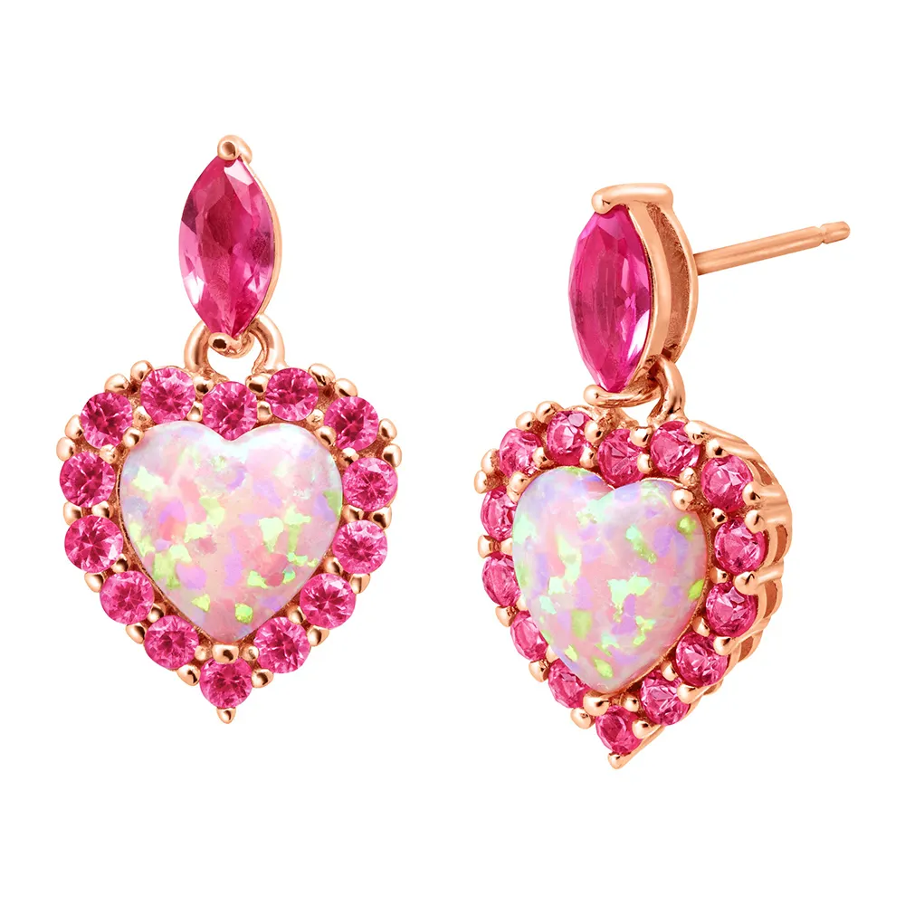 Romantique Femmes Boucles D'oreilles Bijoux Plaqué Or Rose Coeur Forme Feu Rose Opale Cabochon Et Marquise Rose Rubis Boucles D'oreilles