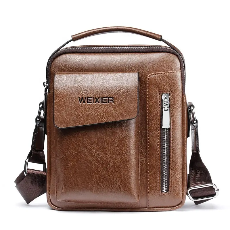 Brown color designer vintage business casual leather sling wide straps shoulder messenger crossbody bag men