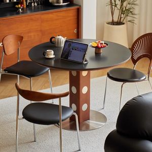 <b>Round</b> <b>Dining</b> <b>Table</b> Solid Wood Slab <b>White</b> Black Top Vintage Style Home Use Berg Design - Product Image 2