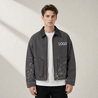 Veste en jean gris foncé effet éclaboussures de peinture pour homme, personnalisée ODM, haute qualité, fermeture éclair intégrale, poches plaquées, coupe ample, style vintage streetwear, veste de travail