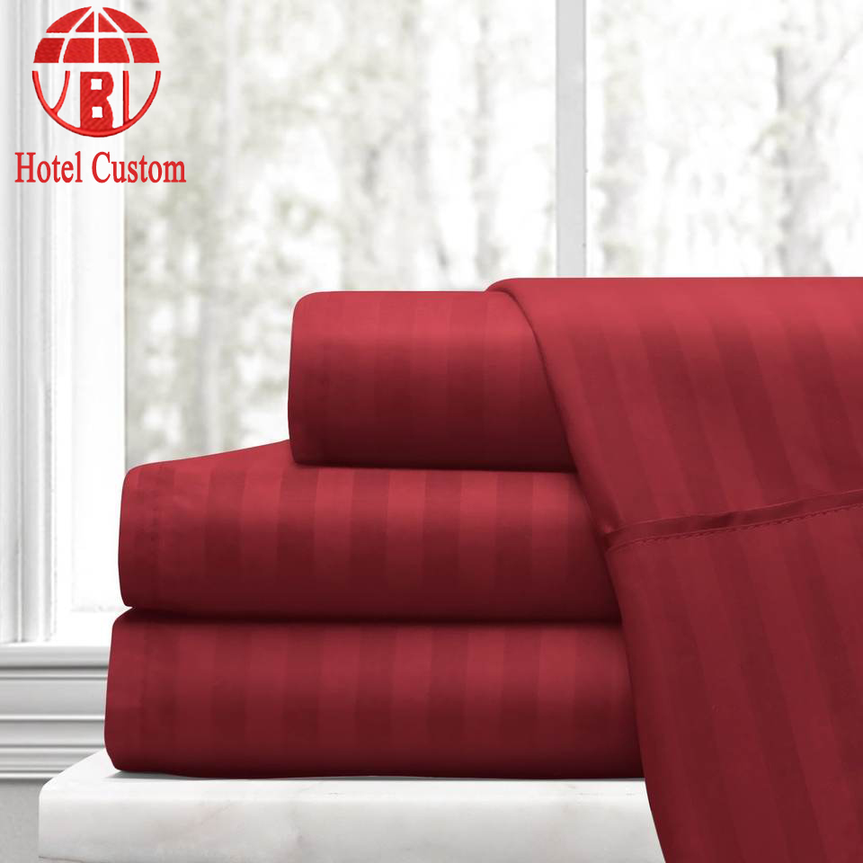 Luxury Red 3CM Striped Bedsheet Sets Hotel Bed Linen Bedding Polyester Satin Hotel 4 Pcs Bed Sheet Sets