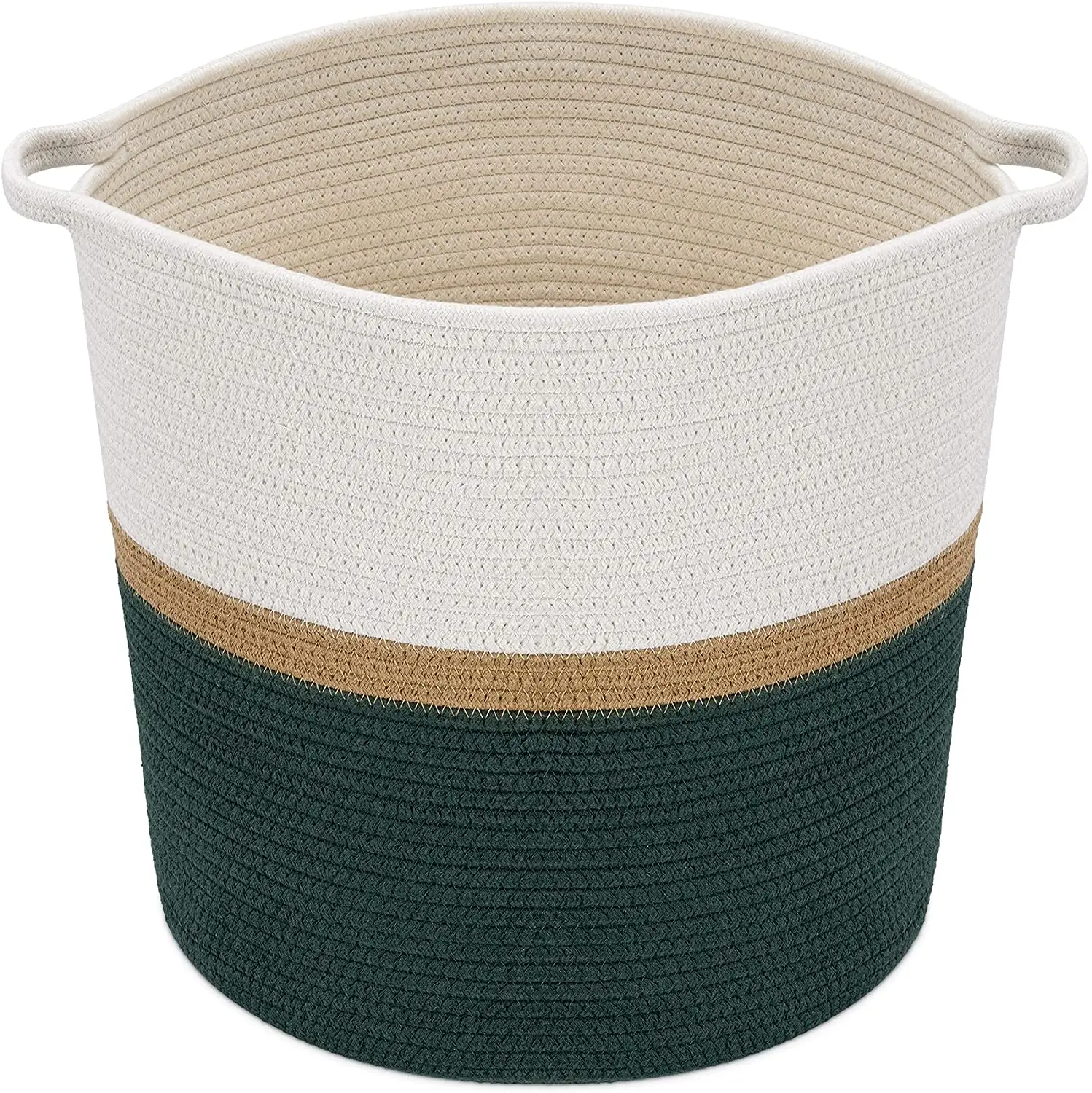 Custom Large Size 17.7" Diameter X 15" Height Cotton Rope Basket With Handles For Laundry Blankets - Dark Green Woven Storage B