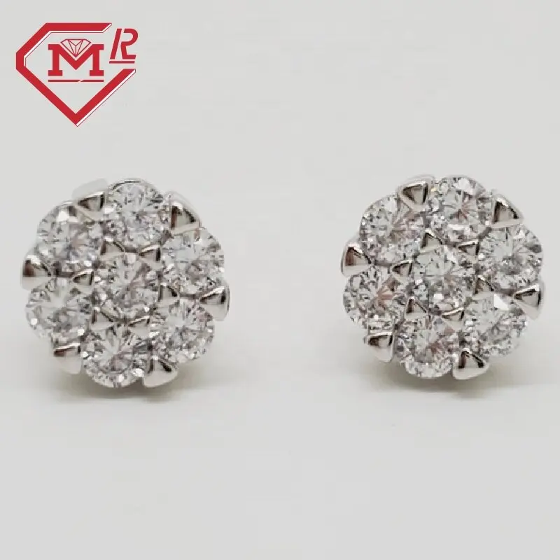 Flower Cluster Stud Earrings Round Moissanite Diamond 925 Sterling Silver Screw Back Hip Hop Earrings