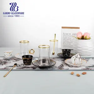 Toptan türk yeni tasarım kraliyet altın cam kahve çay bardağı ve altlık Cawa bardak seti ile altın dekor hediye seti otel için