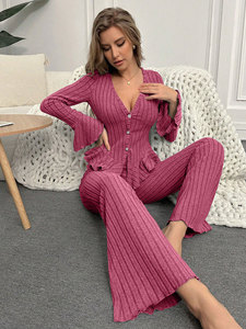 <span class=keywords><strong>Pigiama</strong></span> da Donna di Lusso Autunnale con Scollo a V in Raso Elasticizzato, Cardigan con Vita Elastica, Maniche Lunghe a Sbuffo e Pantaloni - Product Image 4