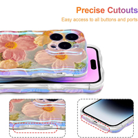 Coque de téléphone élégante en TPU avec motif floral imprimé style peinture à l'huile rétro colorée, finition brillante laser et bord ondulé pour iPhone 13 14 15 16 17
