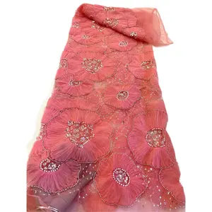 2024 New BEAUTIFUL BIG organza 3D pearl beaded flower wedding dress lace fabric elegant TULLE flower Bridal dress lace fabric
