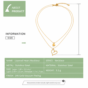Layered Heart Necklace Stainless Steel 14K <b>Gold</b> Vacuum Plated Double Chain Pendant Jewelry - Product Image 3