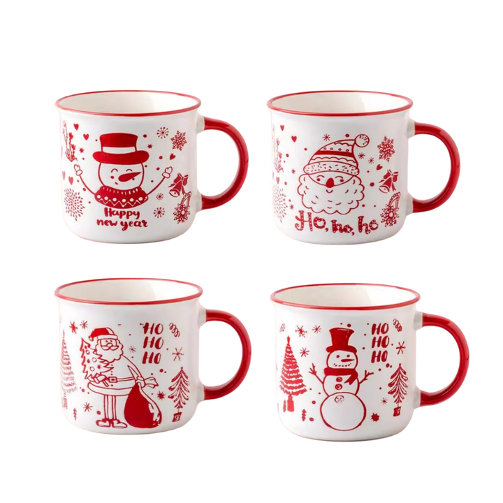Wholesale Ceramic Christmas Mug 360ml Santa Snowflake Embossed Holiday Red Coffee Mug