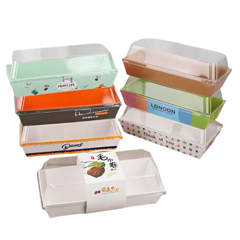 Rechthoekige Kraft Papier Doos Wegwerp Bakkerij Voedsel Verpakking Sushi Kleine Gebak Cake Box Sandwich Wrap Doos Met Plastic Doorzichtige Deksels