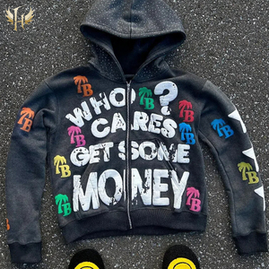 Nhà Sản Xuất Đầy Đủ 3D Phun/Bọt In Axit Rửa Zip up Áo Thun Cắt Cạnh Rhinestone Áo Không Có Chuỗi Đồ Họa Cắt Áo - Product Image 3