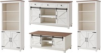 Mesa de Centro y Mueble para TV de Diseño Rústico Blanco con Puertas Correderas Estilo Granja y Cajones de Almacenamiento