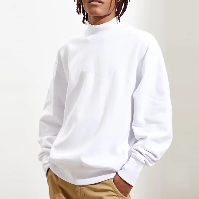 HD468 Oversized Streetwear Long Sleeve Plain White Fleece Pullover Mock Neck Crewneck Sweatshirt