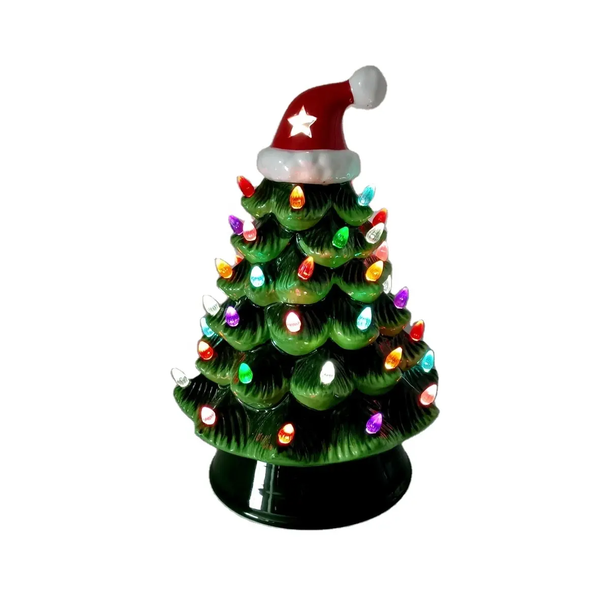 Árvore de natal de 13.5 "com pré-iluminação, árvore de natal cerâmica decorativa com chapéu de papai noel