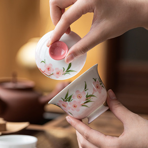 Hand Painted Peach Blossom Gaiwan Teacup With Lid Porcelain Kung Fu <b>Tea</b> <b>Set</b> Chinese Ceramic Household <b>Tea</b> Bowl - Product Image 1