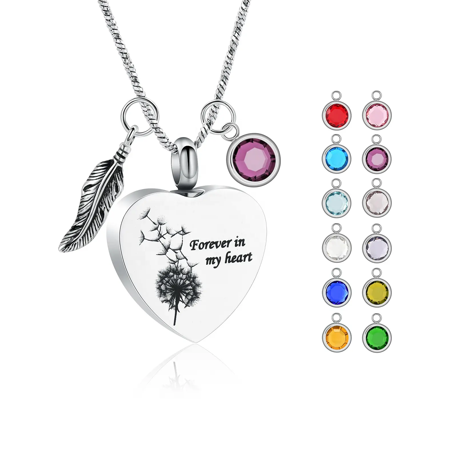 Wholesale Cremation Jewelry Dandelion Heart Urn Necklace for Ashes with 12 Birthstones Memorial Ashes Necklace for Loved One