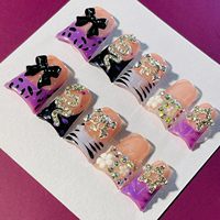 Faux ongles Y2K violets imprimés à presser avec strass et motif serpent, réutilisables, faits à la main, fournitures pour ongles