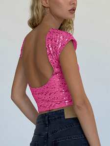 OEM colore personalizzato da donna Glitter manica corta pieno <span class=keywords><strong>paillettes</strong></span> <span class=keywords><strong>Top</strong></span> Crop Backless Sexy Y2k T Shirt tinta unita rosa <span class=keywords><strong>paillettes</strong></span> <span class=keywords><strong>Top</strong></span> da donna - Product Image 2