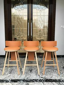 Modern Luxury <b>Leather</b> Padded <b>Bar</b> <b>Stool</b> Round Solid Wood Leg Breakfast Counter <b>Bar</b> Chair with Back - Product Image 2