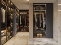 Dressing moderne avec îlot central, étagères en verre, rangement central, construction en mélamine et bois massif, gain de place, pour la maison