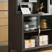 Meuble de rangement de cuisine en métal avec panneau perforé, étagères réglables, porte vitrée et meuble à roulettes