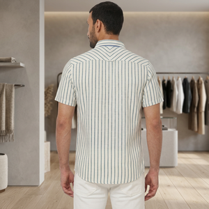 Men <b>Linen</b>/Cotton Striped Shirt Casual Slim Fit Breathable Summer Wear Half Sleeve Single Breasted Premium Enovate ODM Export - Product Image 3