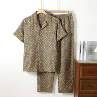Pyjama d'été pour homme en gaze double couche jacquard teint en fil 100 % coton, respirant et confortable, à manches courtes, pour le printemps et l'automne