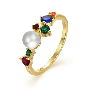 Qx Custom Oem 5a Multicolour Zirkonia Parel Verloving 18K Vergulde Fijne Sieraden 925 Zilveren Bruiloft Luxe Ring Vrouwen