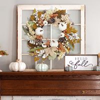 Couronne d'automne blanche avec feuilles d'érable, pommes de pin et baies, pour porte d'entrée, décoration murale style ferme pour Thanksgiving, vente en gros