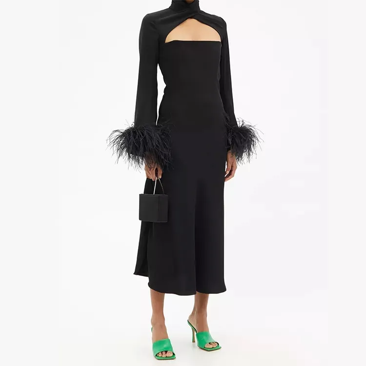 Robe de soirée moulante à col croisé, tenue de soirée en plumes d'autruche, noire, maxi, nouvelle mode pour femmes, 2022
